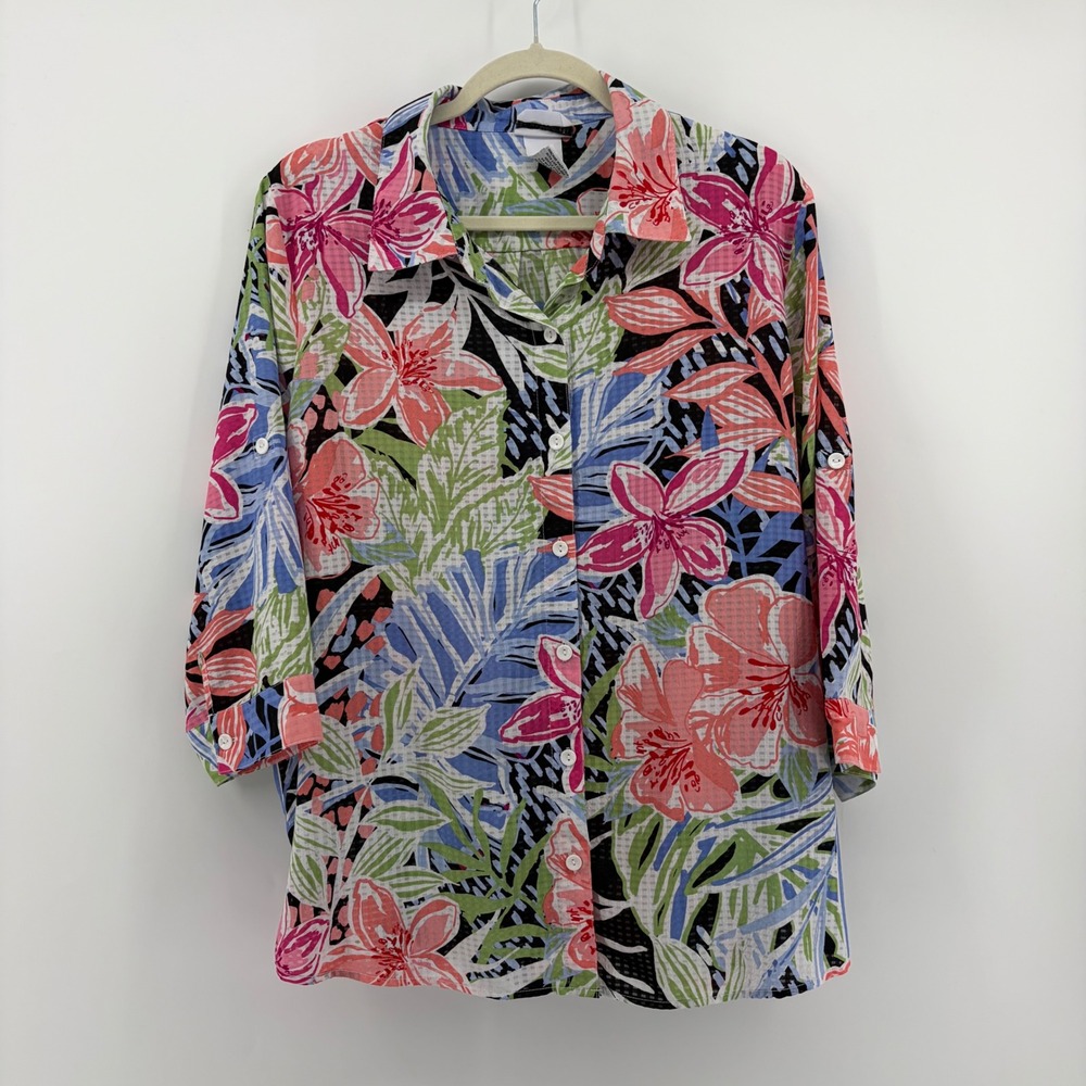 BonWorth Womens Medium Multicolor Floral Button Up 3/4 Sleeve Tropical Top 43446